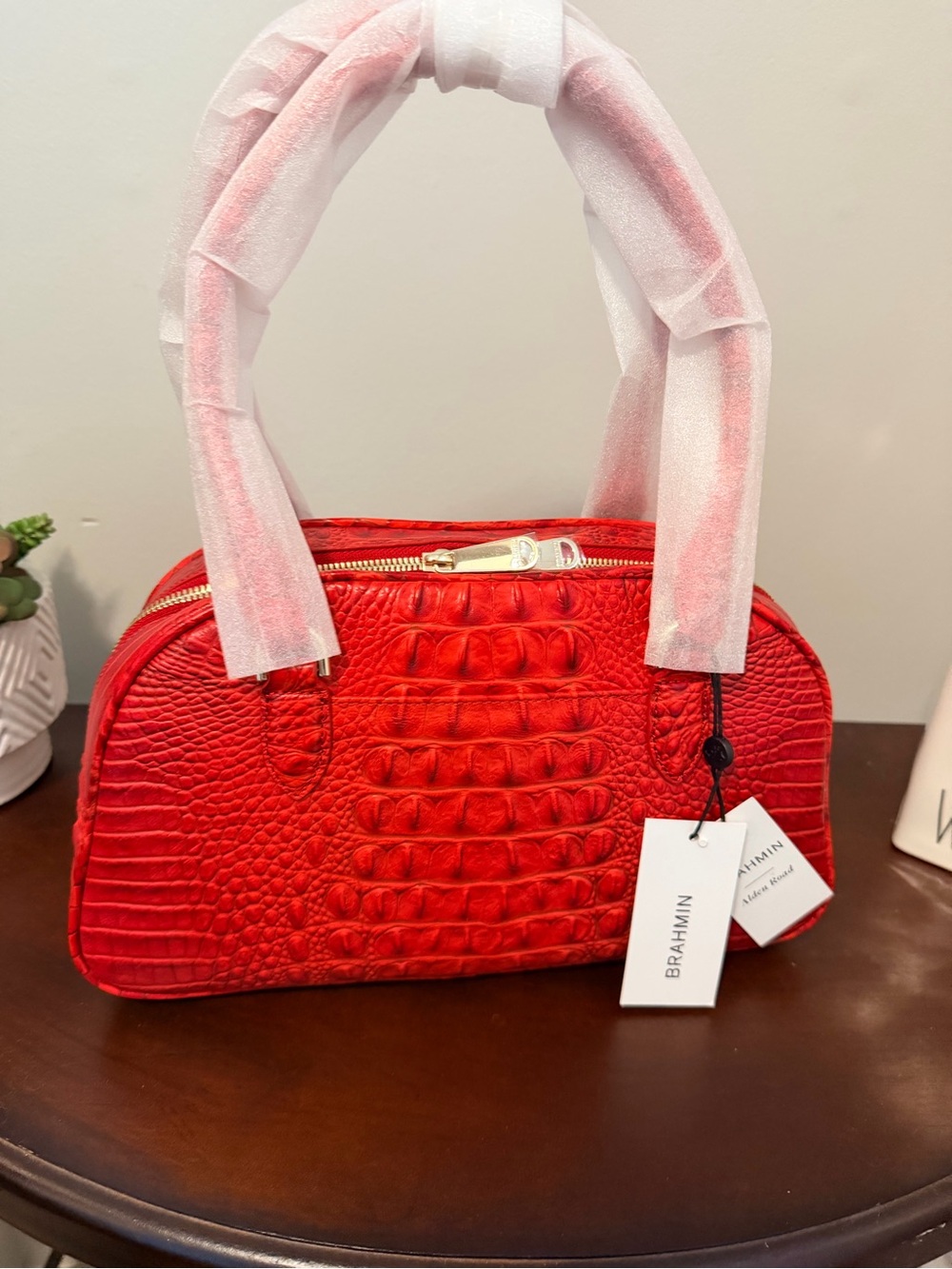 Brahmin Red Angie Croc-Embossed Dome Satchel in Salsa Alden Road. - Picture 2 of 3